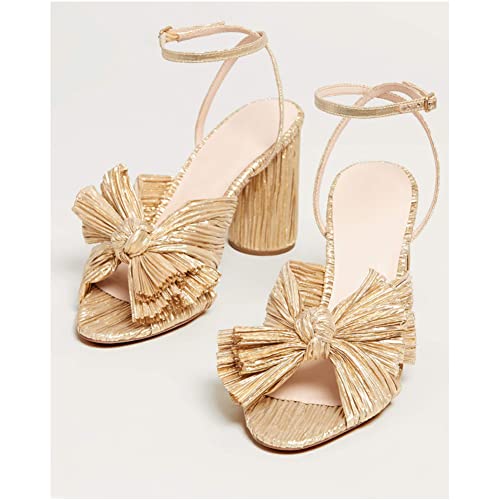 Mikarka XLX0738-GOLD(8CM)-38 Women'S Pleated Knotted Bow Heeled Sandals thumb #2