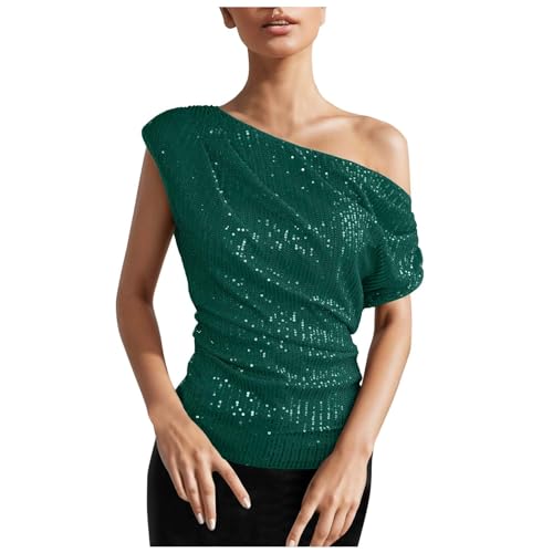 Generisch Top de lentejuelas con un solo hombro para mujer, fruncido, asimétrico, con purpurina, para fiesta, verde, L