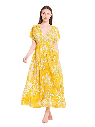 Robe longue femme à motifs floral DA22-039 David jaune en taille unique
