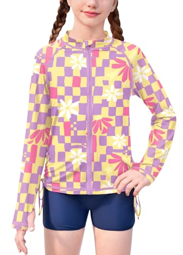Image of BesserBay Girls Rash Guard UPF 50+ Zip Up Raglan Long Sleeve Adjustable Drawstring Swim UV Jacket 4-14 Years