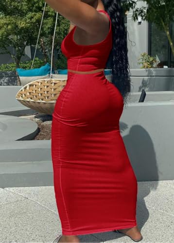 Image of Women Sexy Two Piece Skirt Outfits Long Sleeve /Sleeveless V Neck Bodycon Ribbed Knitted Maxi Club Party Dress