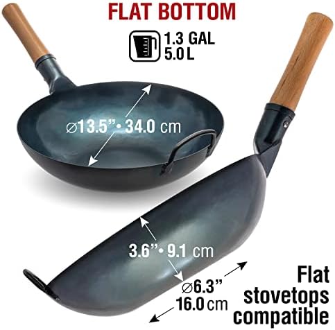 YOSUKATA Flat Bottom Wok Pan - 13.5" Blue Carbon Steel Wok PLUS 17" Wok Spatula and Ladle Skimmer Spoon - Stainless Steel Cooking Utensils Set of 3 - Thumbnail 3