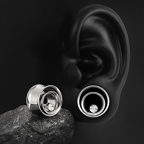 Twolobes 2PCS Silver Double Tunneled Crystal Ear Plugs Tunnels Hypoallergenic 316 Stainless Steel Ear Gauges 12mm/1/2 Body Piercing Jewelry for Women Men by Twolobes - Used condition - Image 5
