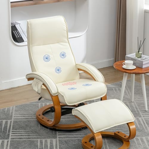 Sillón reclinable de cuero beige con reposapiés, diseño giratorio, función de calefacción, bloqueo de inclinación de 145°, bolsillo lateral, perfecto para comodidad y estilo de sala de estar
