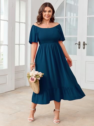 Image of SCOMCHIC Women's Plus Size Summer Dress Casual Short Sleeve Scoop Neck Maxi Dress Smocked Ruffle Boho Flowy Long Dresses