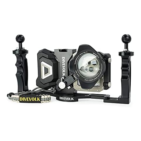 DIVEVOLK SeaTouch 4 MAX kit Including 0.6X Wide Angle Lens, Expansion clamp and Dual Handle Tray Compatible for Phone 12/12 Pro/12 Pro max/13/13 Pro/13 pro max/14/14 PLUS/14 PRO/14 PRO MAX Cover