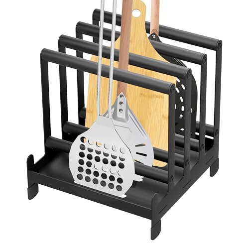 Qriocioa Pizza Peel Rack Steel 4 Available Slots Pizza Paddle Holder Rack with Non-Slip Feet for Pizza Spatula Turner Storage Organizing and Saving Space Pizza Turning Oven Accessories Black