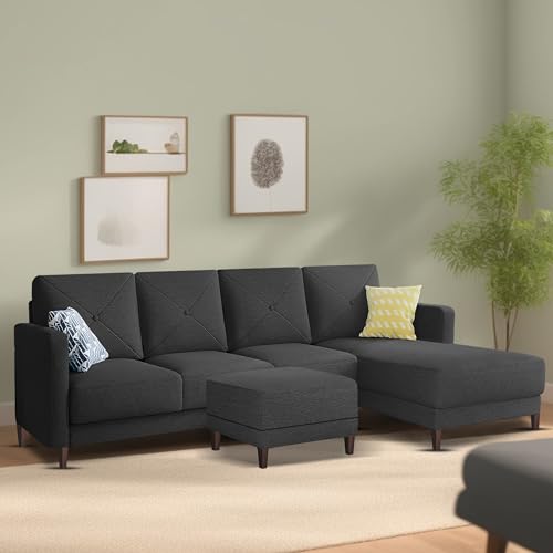 Image of Baloney RHS 6 Seater L Shape Sofa Set with Center Table for Living Room (Black Fabric) Premium Fabric Sofa