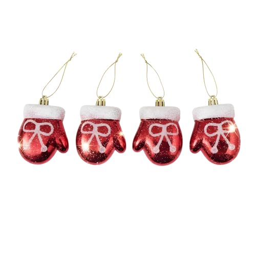 Image of Crackles Santa Hand Christmas Hanging Ornaments (Set of 4) | Red Decorative Mittens for Christmas Tree & Home Decor | Festive Gift & Party Decoration