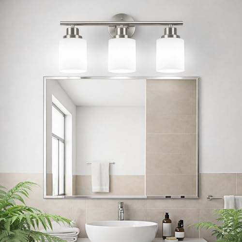 Image of Unicozin 3 Light Bathroom Light Fixtures, Modern Vanity Lights with Milky Glass Shade, Brushed Nickel Wall Lamp Over Mirror for Bathroom, Living Room, Cabinet, Bedroom, E26 Base
