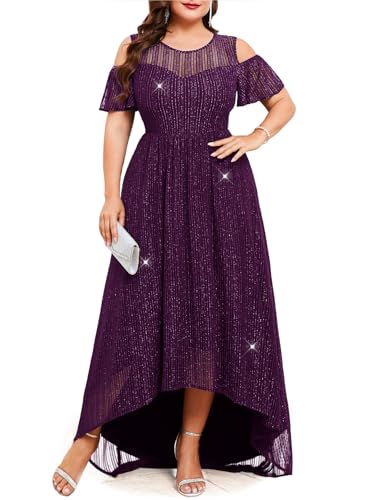 Image of ZOMVA Plus Size Sparkly Mesh Maxi Dress Cold Shoulder Ruffle Sleeve High Low A Line Dresses Wedding Guest Cocktail Party