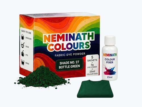 Neminath Colours Bottle Green Fabric Colour Dye Pack 5 x 5g Dye Sachets + 25ml Fixer for DIY Clothes Restoration