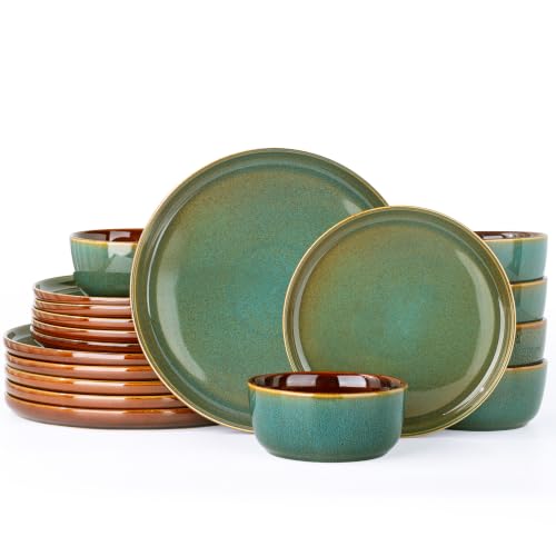 Image of GBHOME Dinnerware Sets for 4, 12 Pieces Stoneware Plates and Bowls Sets, Scratch Resistant Dishes, Dishwasher & Microwave Safe, Rustic Reactive Glaze-Brown Green