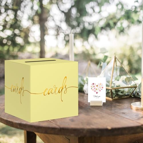 Image of Light Yellow Card Box with Gold Foil Design, Paperboard 8.7 inch Card Box for Birthday Wedding Party Graduation Retirement Anniversary Valentine's Day & Baby Showers, Raffle or Money Box