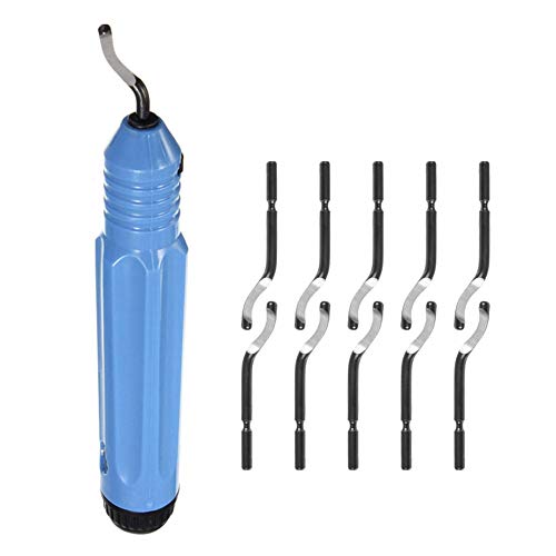 Hand Deburring Tool Kit, Golden^Li Burr Cutter with NB1100 Anti-Slip Handle + 10 Pcs 360°Rotary HSS Deburr Blades, Burr Trimming Scrapers Kit for Aluminum, Copper,Steel,Wood and Plastic