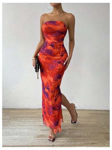 Image of GORGLITTER Women's Floral Strapless Bodycon Wedding Guest Dress Vacation Summer Birthday Tropical Maxi Long Sun Dresses