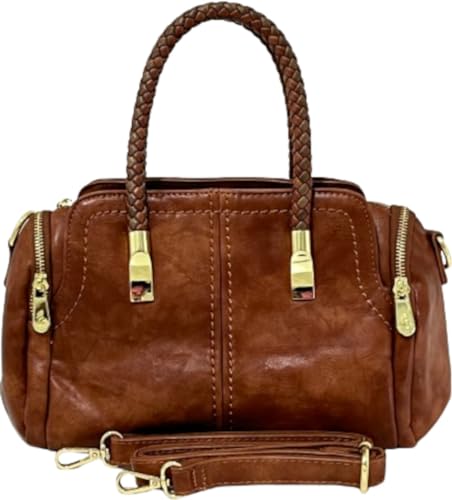 bolsa baú média elegante com alça de mão dupla em couro pu (Caramelo, M)