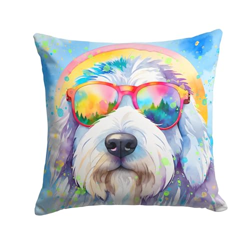 Caroline's Treasures DAC2535PW1818 Old English Sheepdog Hippie Dawg Fabric Decorative Pillow Machine Washable, Indoor Outdoor Decorative Pillow for Couch, Bed or Patio, 18Hx18W