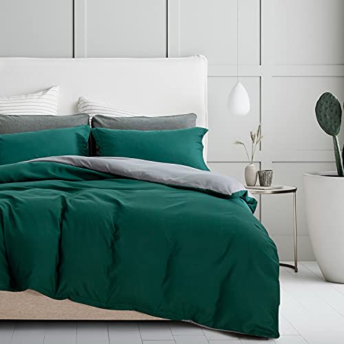 Juego de Funda nórdica de 135 x 200 cm, Color Verde Oscuro, Gris, Liso, Microfibra, Reversible, 2 Piezas, Funda nórdica Moderna y Elegante con Cremallera, 80 x 80 cm