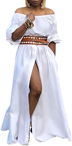 Womens Swing Maxi Dresses - Off Shoulder Puffy Sleeve Button Casual Long Dress with High Slit