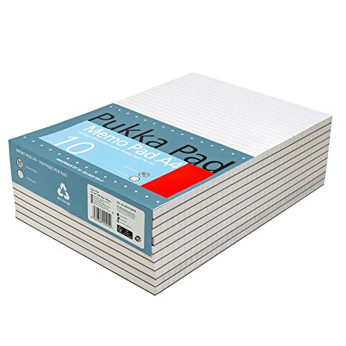 Pukka Pad, A4 8mm Ruled Memo Pad – Pack of 10 – 160 Pages, 80 Sheets of Unpunched 60GSM Paper Per Pad – Glue Top-Bound, Thick Card Back Cover for Home, School Students, & Office Professionals