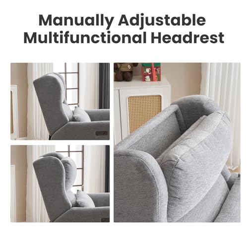 Image of Oversized Swivel Rocker Recliner with Lumbar Cushion, Power Recliner Nursery Chair with Adjustable Headrest, Nursery Glider for Living Room, Grey