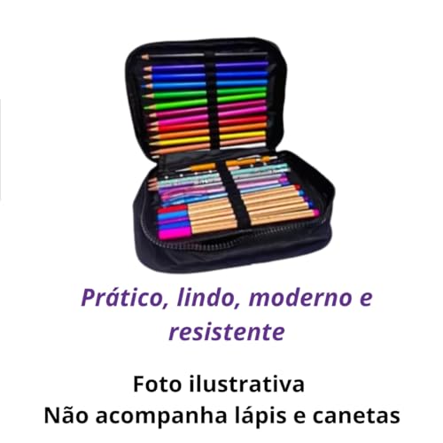 Estojo Escolar Grande Box 100 Lápis Nylon Tactel Com 27 Elásticos Ziper Resistente Escolar Papelaria