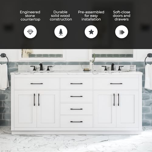 Image of OVE Decors Athea 72 in. Double Sink Freestanding White Bathroom Vanity with White Engineered Marble Top, Matching Backsplash, Power Bar and Matte Black Hardware