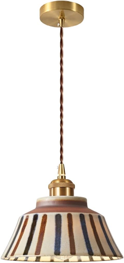 Blue and White Porcelain Pendant Light, Vintage Ceramic Hanging Lamp with Brass Finish & Adjustable Braided Cord, Retro Farmhouse Ceiling Fixture for Kitchen Island Dining Room Bedroom(Blue Floral)