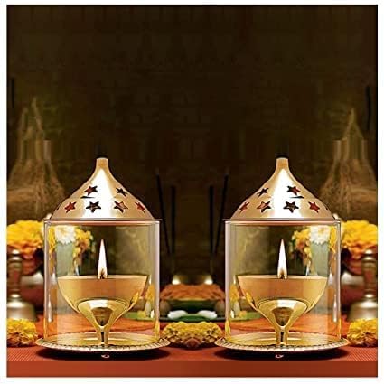 Image of Brass Akhand Diya with Glass Cover 6 and 5 Inch Pack of 2 | Golden Decorative Brass Oil Lamp & Tea Light Holder | Cylindrical Lantern for Durga Pooja, Navratri, Temple, Festive & Home Dcor