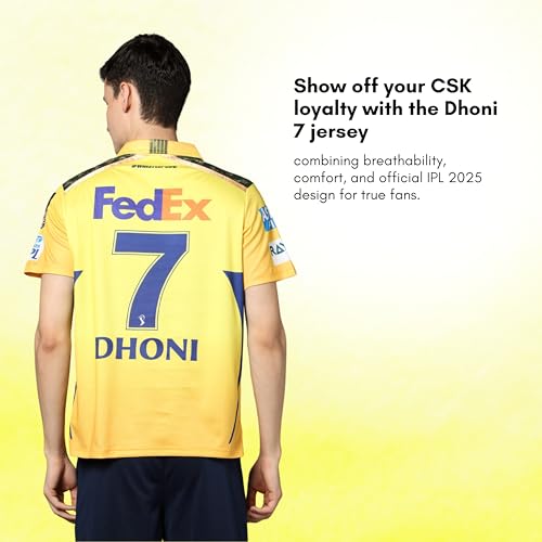 Image of playR x Chennai Super Kings Original Fan Jersey IPL 2025 - Adult Dhoni 7 Half Sleeve CSK Cricket T-Shirt, Regular Fit Sportswear Tee for Training, Outdoor & Match Day Activewear for All Season