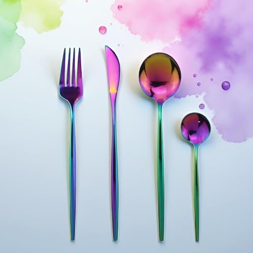 Image of 20 Pcs Rainbow Slim Handle Stainless Steel Cutlery Set for Dining Table with Spoons and Forks Set + Butterknives - The Perfect Tableware /Flatware