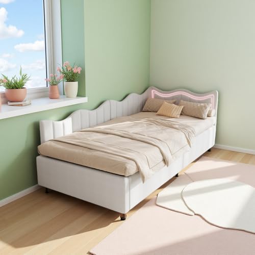 Kinderbett 90x200 Schlafsofa mit Bettkasten, Tagesbett Polsterbett mit LED-Beleuchtung, Sofabett Bodenbett Stauraumbett Bettgestell mit Lattenrost, Ohne Matratze, Samt (Beige A) – Bild 4