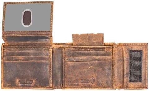 Bifold Wallet for Men Velcro closer RFID Pure Leather Handcrafted Crazy Horse Flip Up window Id (Rustic Brown J225)