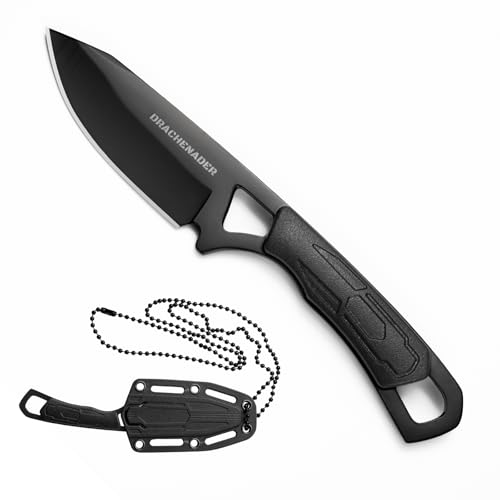 DRACHENADER Cuchillo de cuello pequeño, cuchillo de dos manos, cuchillo EDC, fulltang, longitud de hoja 6,9 cm con funda ABS, hoja negra + mango negro