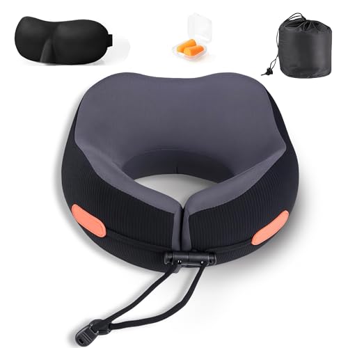 Image of Travel Pillow, Memory Foam Neck Pillow for Airplanes, Includes Eye Mask & Ear Plugs, Ergonomic Design, 360 Support Stowable Pillows for Plane, Car, Train and Home, Black