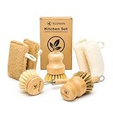 Ecovaya Spülset aus Bambus & Luffa – 100% plastikfrei – 4 Luffa Pads & 3 Küchenbürsten mit Sisal- & Kokosborsten – kratzfrei & nachhaltig
