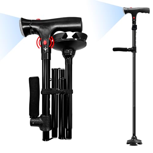 ALEENFOON Bastón Plegable para Caminar con luz LED y Alarma SOS, Alturas Ajustables, bastón Plegable para Personas Mayores con Mango Lateral para Personas con Artritis, discapacitados