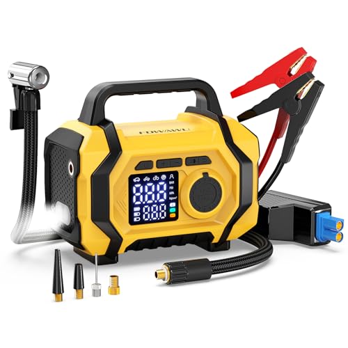FOWAWU Avviatore Batteria Auto con Compressore 9 in 1, Avviatore Batteria 6000A 26800mAh(Tutti i Benzina e 10L Diesel), Compressore Aria Portatile 150psi con Schermo LCD Digitale Torcia LED