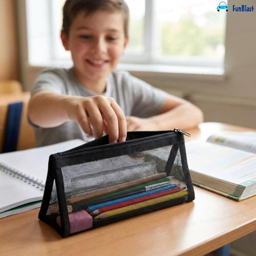 Image of FunBlast Mesh Pencil Case with Smooth Zipper, Single Layer Multi-Purpose Stationary & Pen Pouch for Boys & Girls, Transparent Stationary Bag, Organizer Pouch for Student (Black-C)