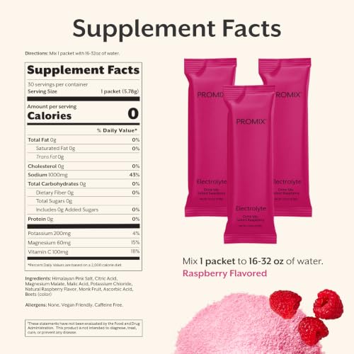 Image of ProMix Nutrition Electrolytes Powder Hydration Packets - Himalayan Pink Salt, Magnesium, Potassium, Vitamin C - Raspberry, Lightly Sweetened - 30 Servings (Pack of 30)