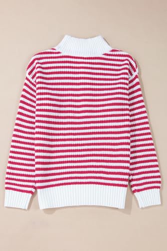 Women's Pink Stripe Zip-Up Collar Drop Shoulder Sweater - Casual and Stylish4
