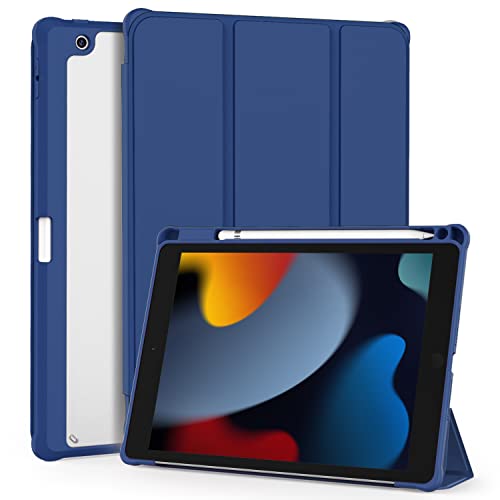 OKP for iPad 9th/8th/7th Generation Case (2021/2020/2019), iPad 10.2 inch Cases with Trifold Stand, Slim ipad 9/8/7 th gen Cover with Pencil Holder for Kids Women Men, Clear Back Shell, Navy Blue
