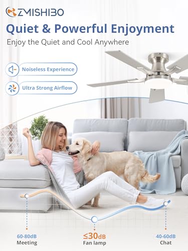 Image of ZMISHIBO 42 Inch Ceiling Fan with Light, App&Remote Control, Flush Mount Low Profile, Dimmable 20W LED Light, Quiet Reversible Motor for Bedroom, Living Room, Apartment, Nickel