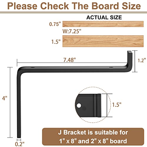 8 Inch Wall Shelf Brackets (Match 7.25" Board) 4Pcs, Heavy Duty Black Metal, Kitchen, Bathroom, Mantel Floating Shelves Hardware #TOP1