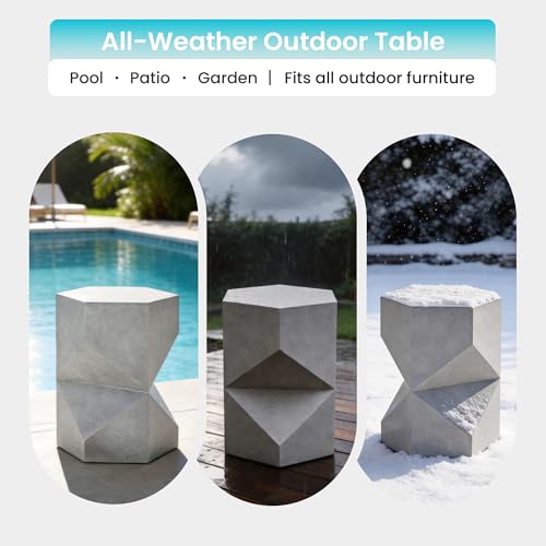 Image of COSIEST MgO Concrete Side Table, 18 Inch Hexagonal Geometric Outdoor End Accent Table, All-Weather Patio Garden Stool, Modern Plant Stand & Coffee Table for Balcony Backyard, Gray, 2 Pack