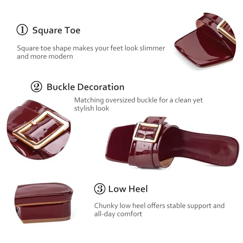 Image of Women's Slide Heeled Sandals Opened Square Toe Chunky Block Heel Slippers with Buckle Slip on Casual Comfortable Pumps