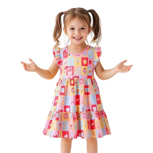 Image of HILEELANG Girls Cotton Tiered Dress Flutter Ruffle Sleeve Summer Swing Sundress Birthday Party Casual Outfit Colorblock 2-12Y