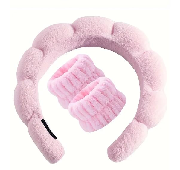 Spa headband and wristband set for face washing spa skincare hairband shower care and hair accessories fashion women kids sponge & terry towel cloth fabric skincare, make up removal, face mask in pink