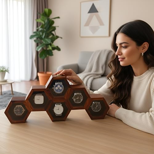 Image of Vintage Wooden Watch Box for Men, Timepiece Display Case, Honeycomb Watch Storage & Organizer, Jewlery Box for Women, Anniversary Gift For Husband (6 Compartments)